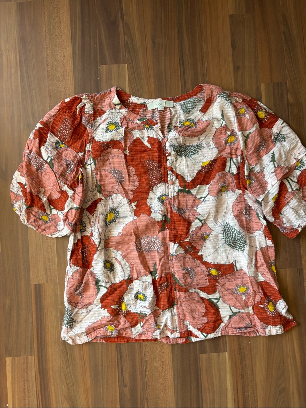 LOFT Coral and White Floral Puff-Sleeve Blouse